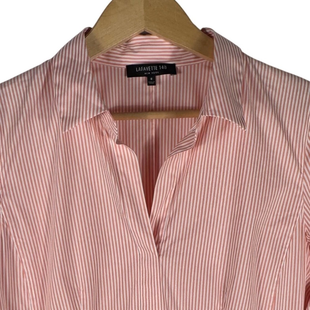Lafayette 148 New York Striped Split Neck Blouse Womens 8 Orange White Side Zip